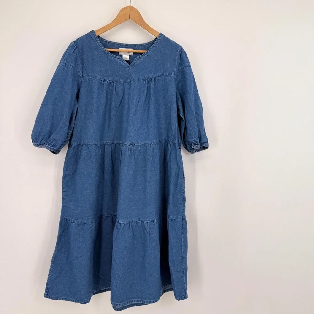 The Vermont Country Store Denim Tiered Midi Muumuu‎ Dress Pockets L Prairie Boho - Picture 2 of 13